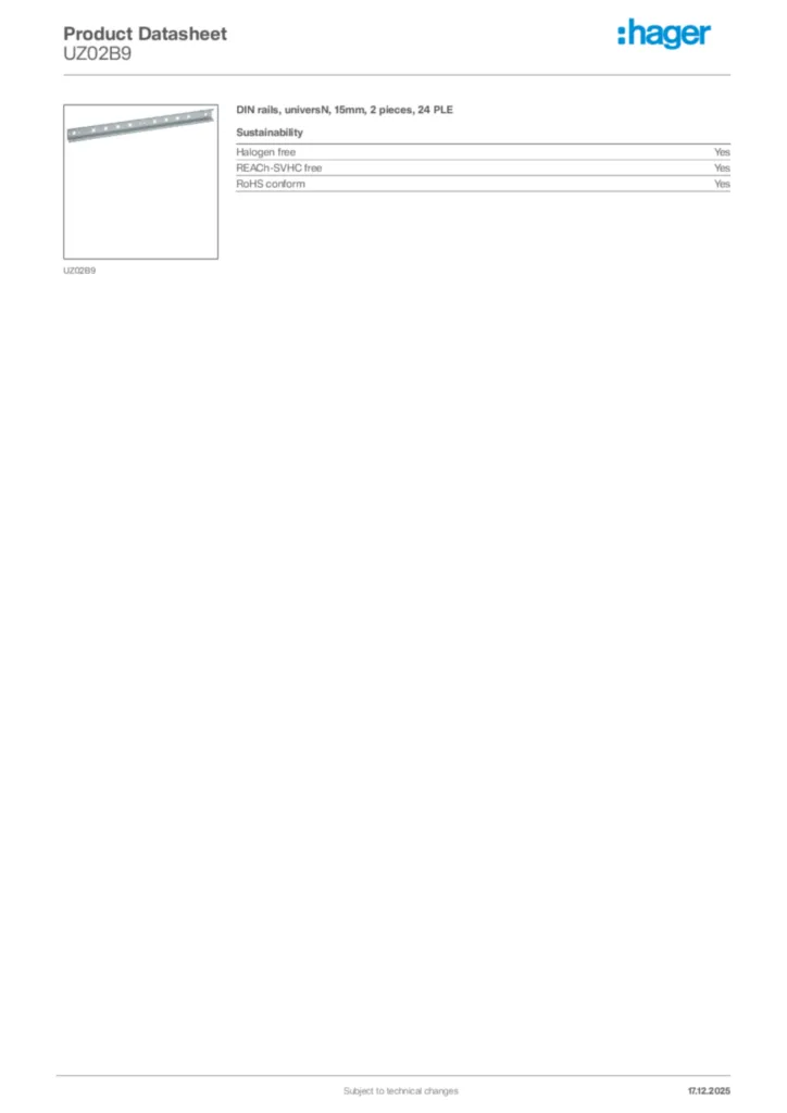Image Hager Product data sheet UZ02B9  | Hager Africa