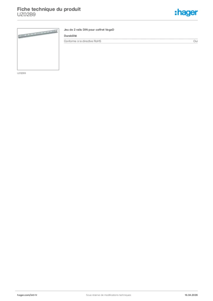 Image Hager Fiche technique du produit UZ02B9 | Hager Afrique