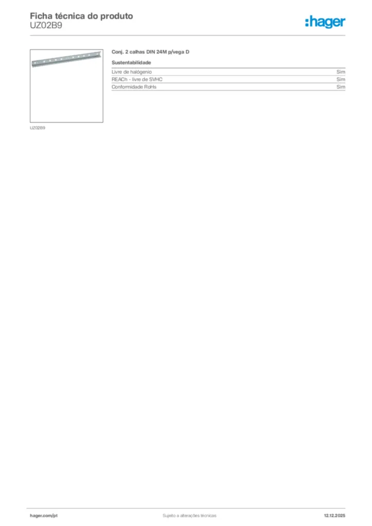 Imagem Hager Ficha técnica do produto UZ02B9 | Hager Portugal