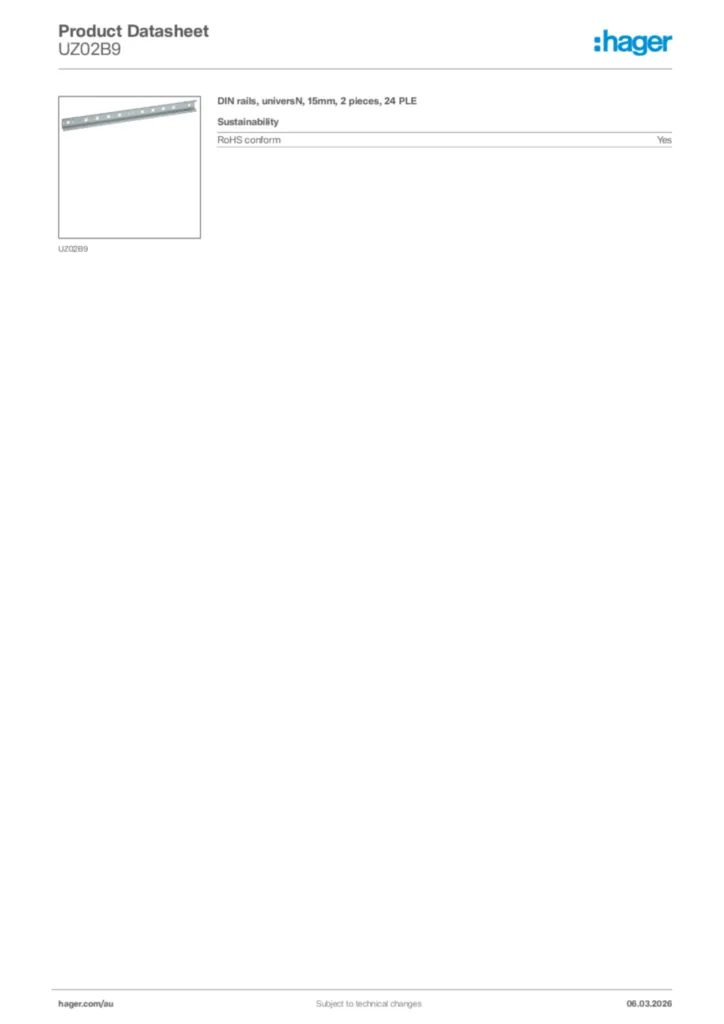 Image Hager Product data sheet UZ02B9  | Hager Australia