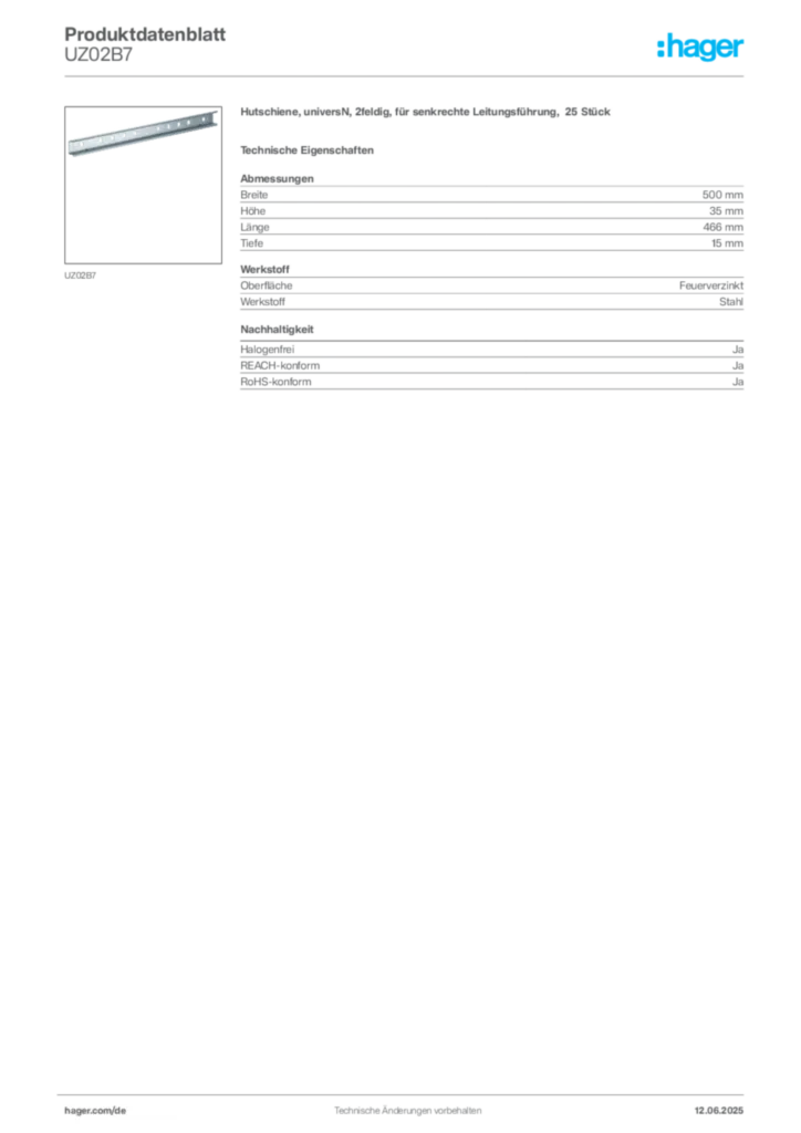 Hager Produktdatenblatt UZ02B7
