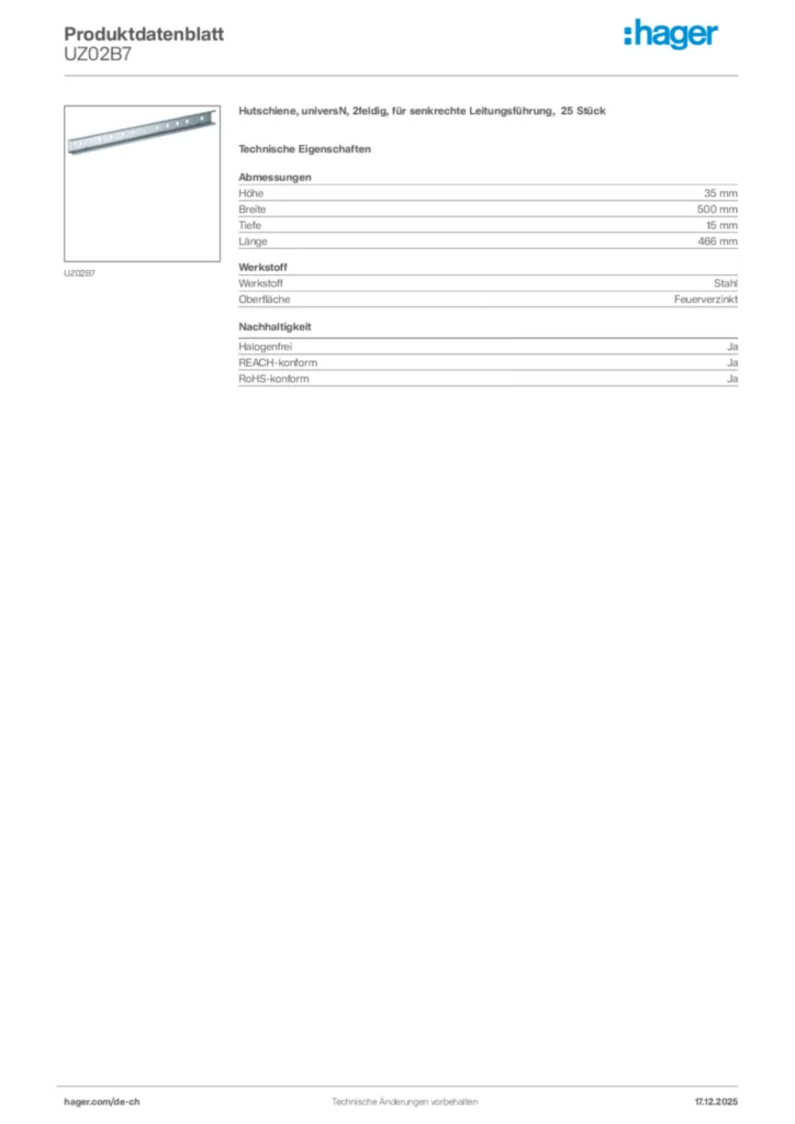 Bild Hager Produktdatenblatt UZ02B7 | Hager Schweiz