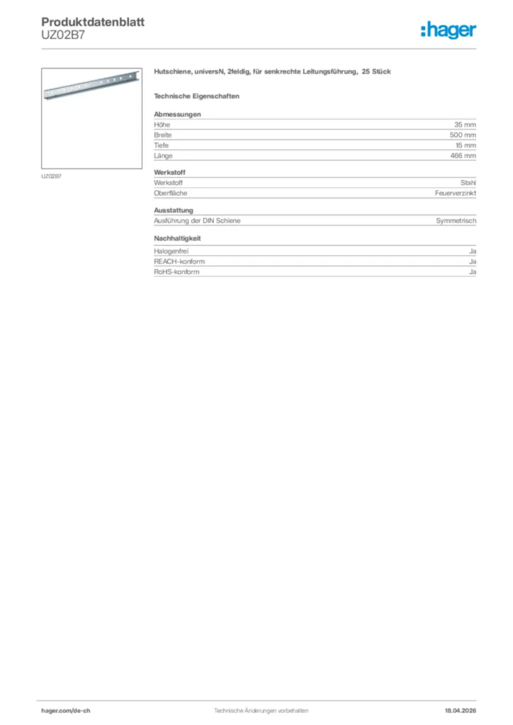 Bild Hager Produktdatenblatt UZ02B7 | Hager Schweiz