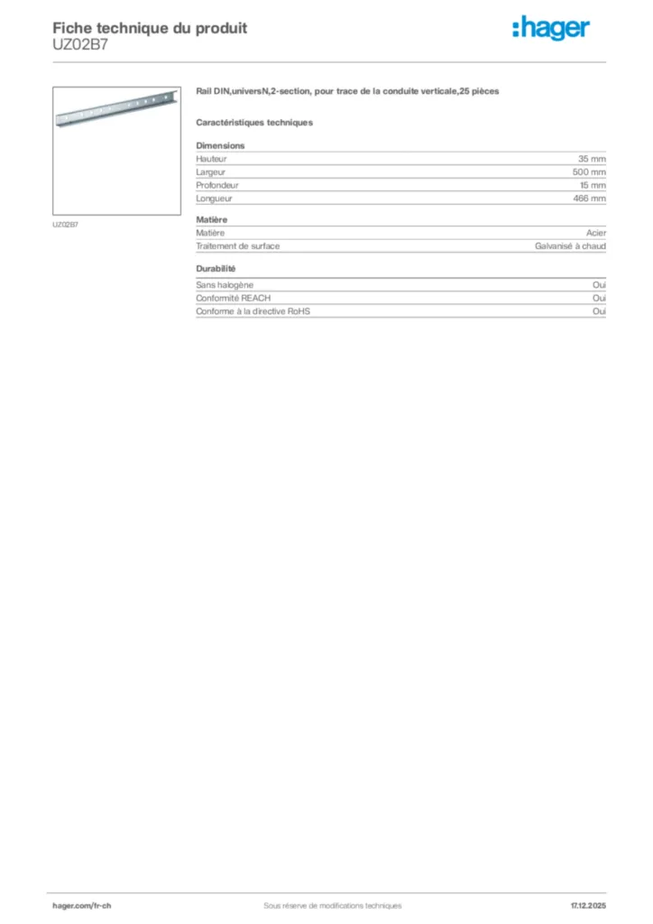 Image Hager Fiche technique du produit UZ02B7 | Hager Suisse