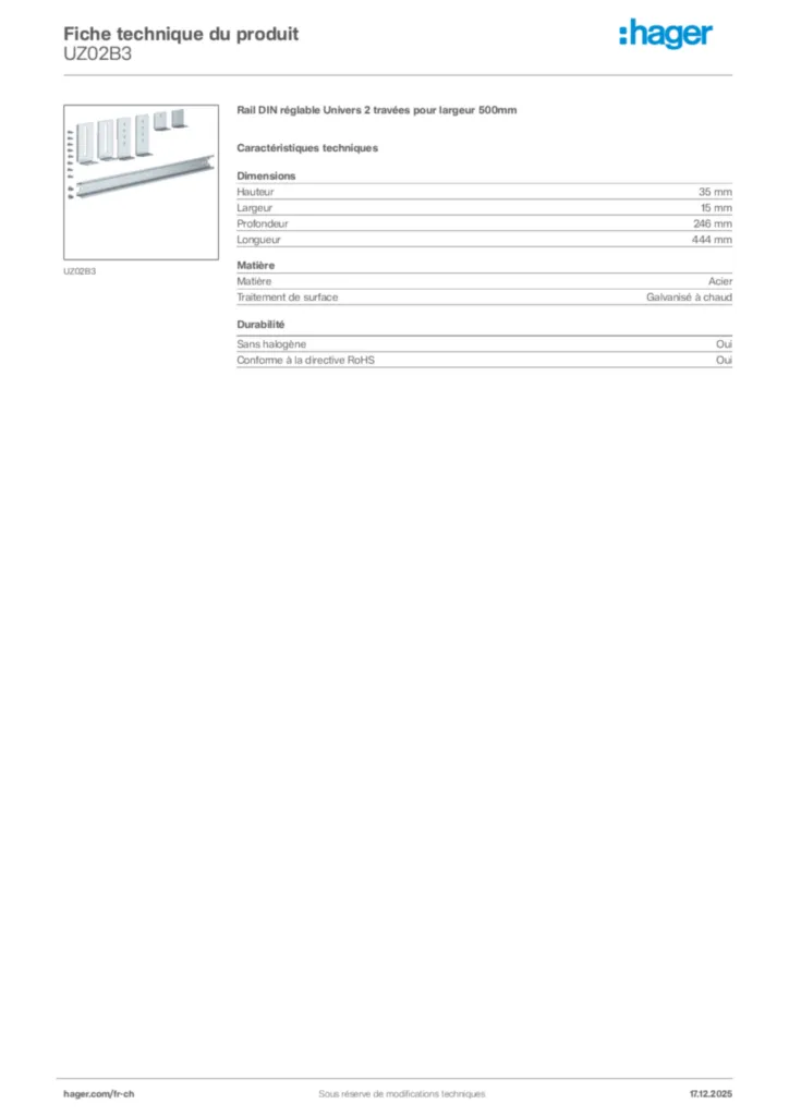 Image Hager Fiche technique du produit UZ02B3 | Hager Suisse