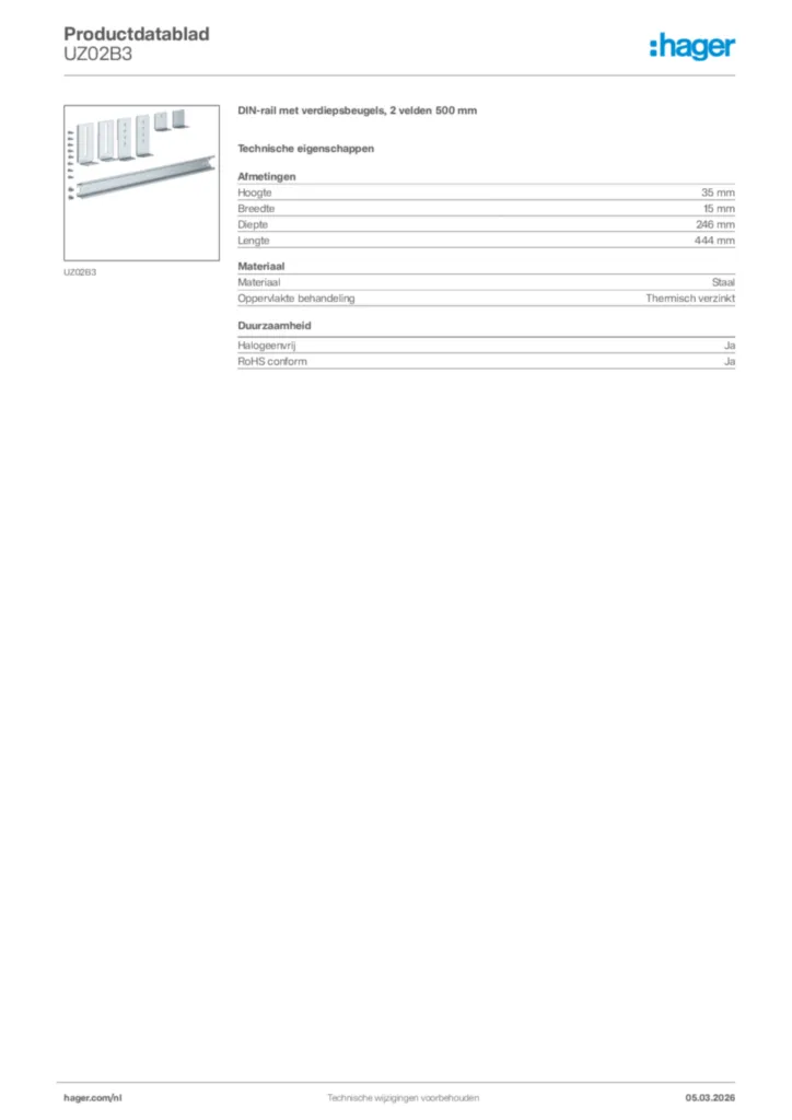 Afbeelding Hager Productdatablad UZ02B3 | Hager Nederland