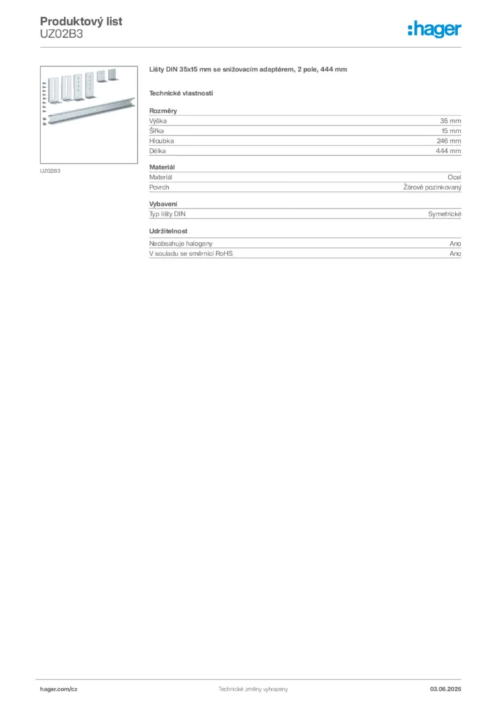 Obrázek Hager Product data sheet UZ02B3 | Hager