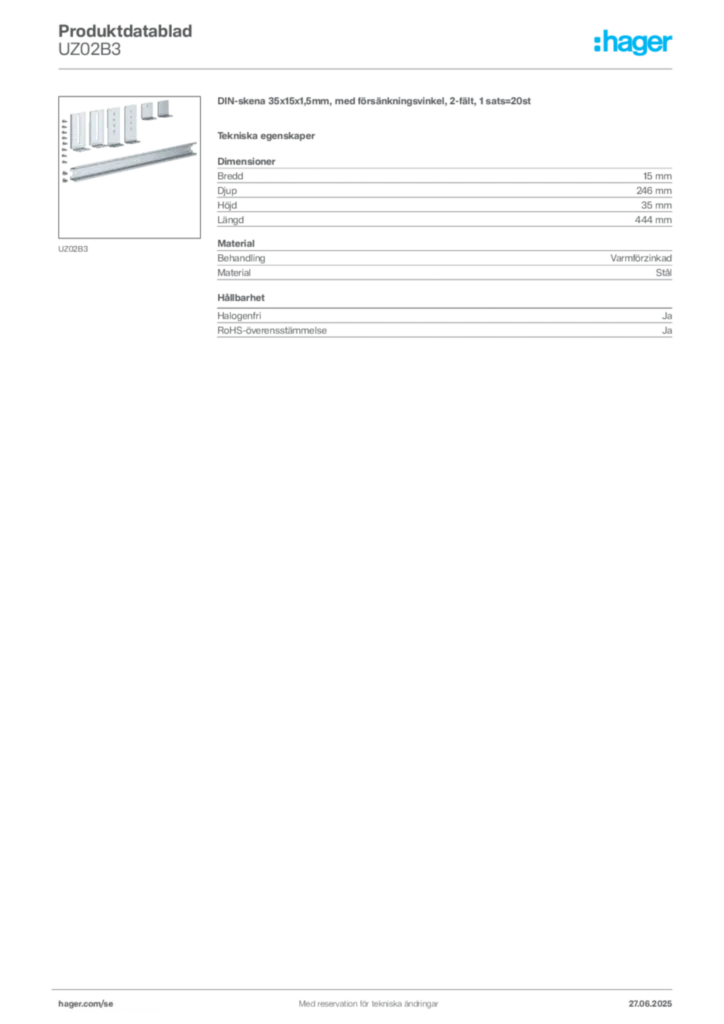 Bild Hager Produktdatablad UZ02B3 | Hager Sverige
