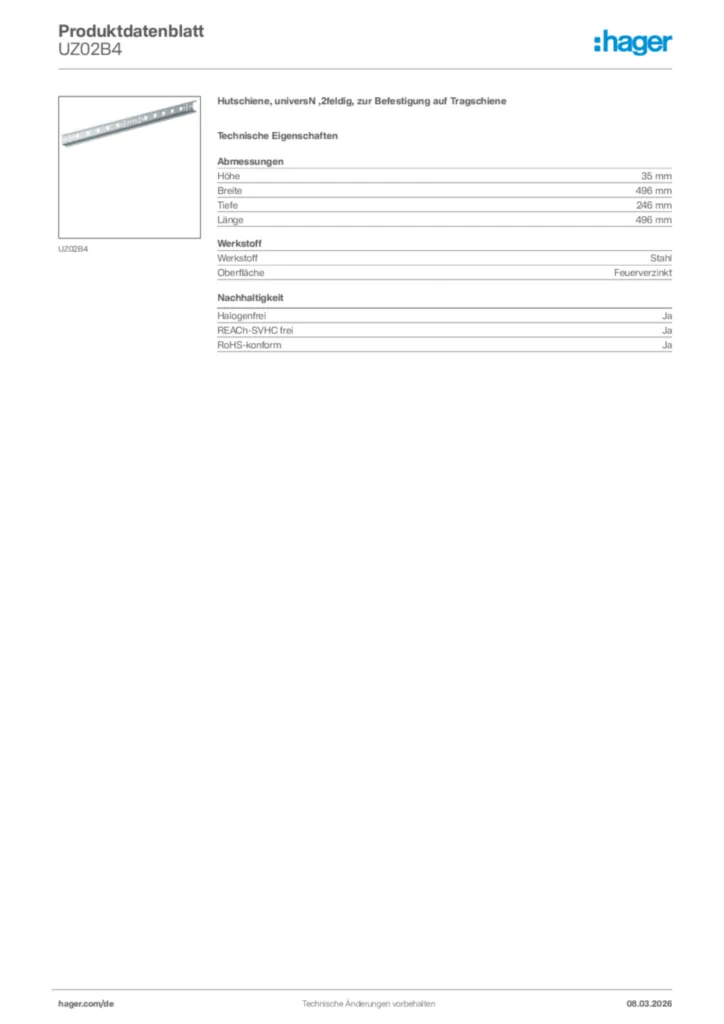 Bild Hager Produktdatenblatt UZ02B4 | Hager Deutschland
