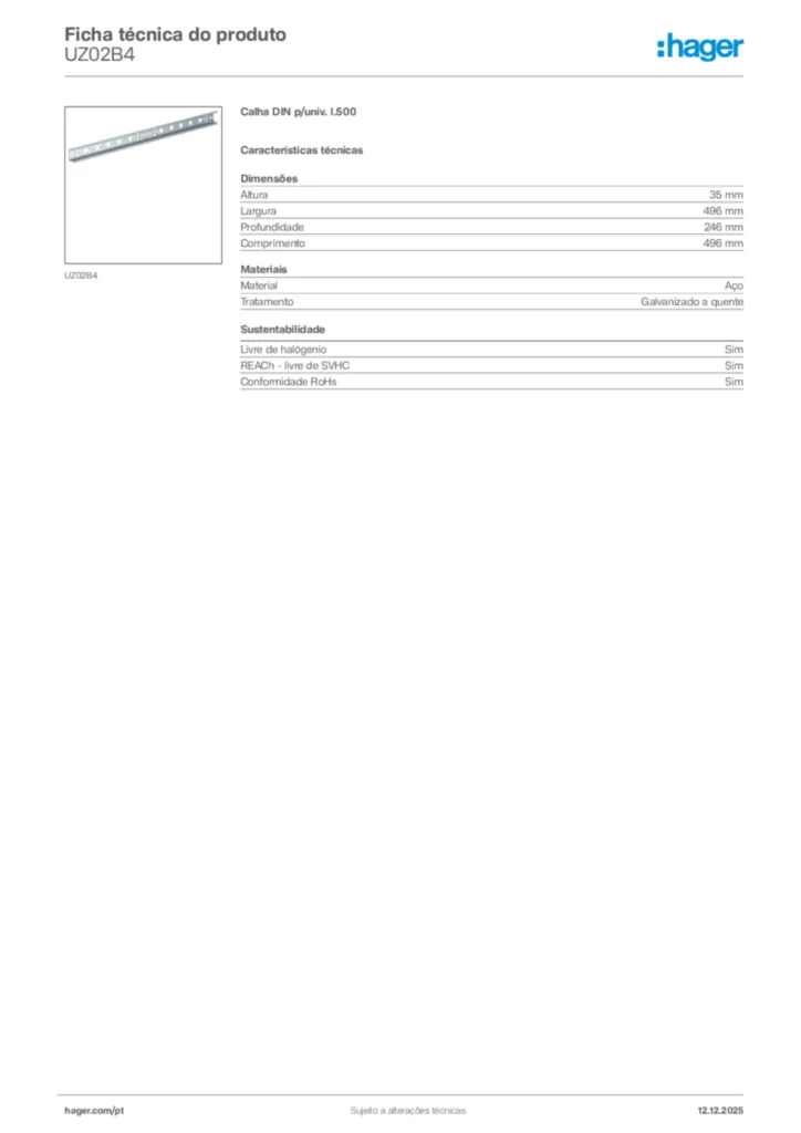 Imagem Hager Ficha técnica do produto UZ02B4 | Hager Portugal