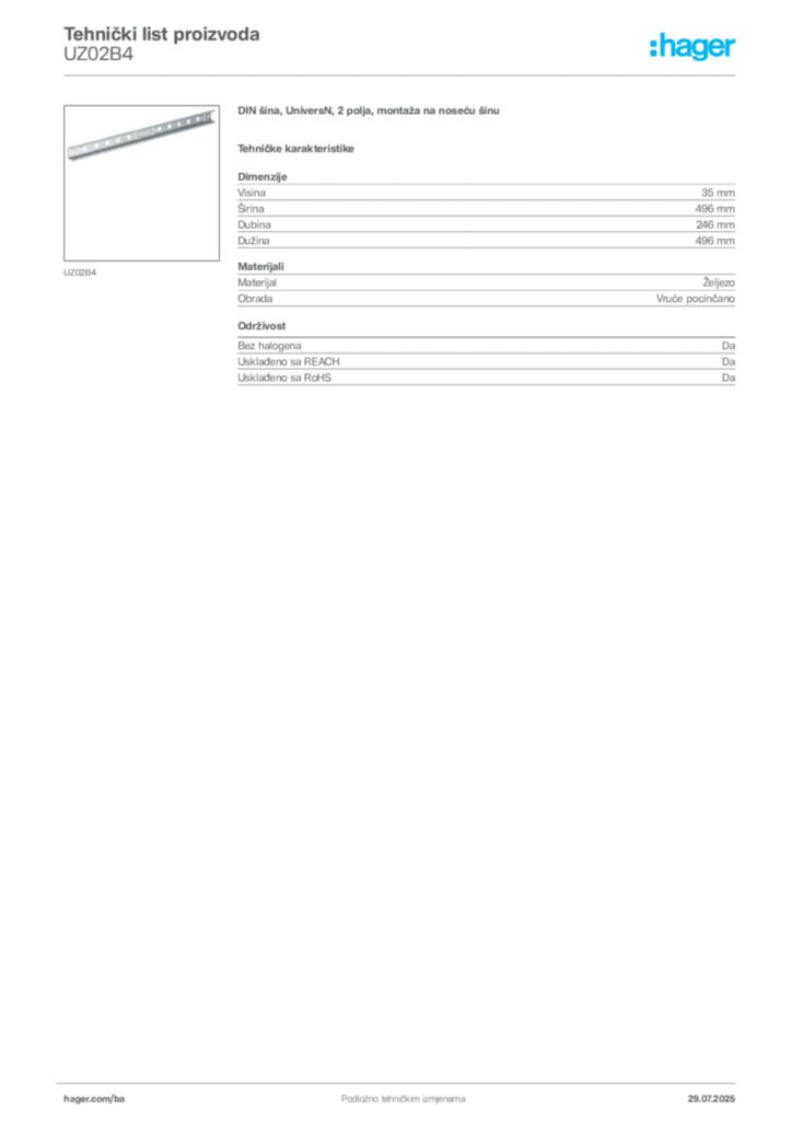 Slika Hager Product data sheet UZ02B4  | Hager