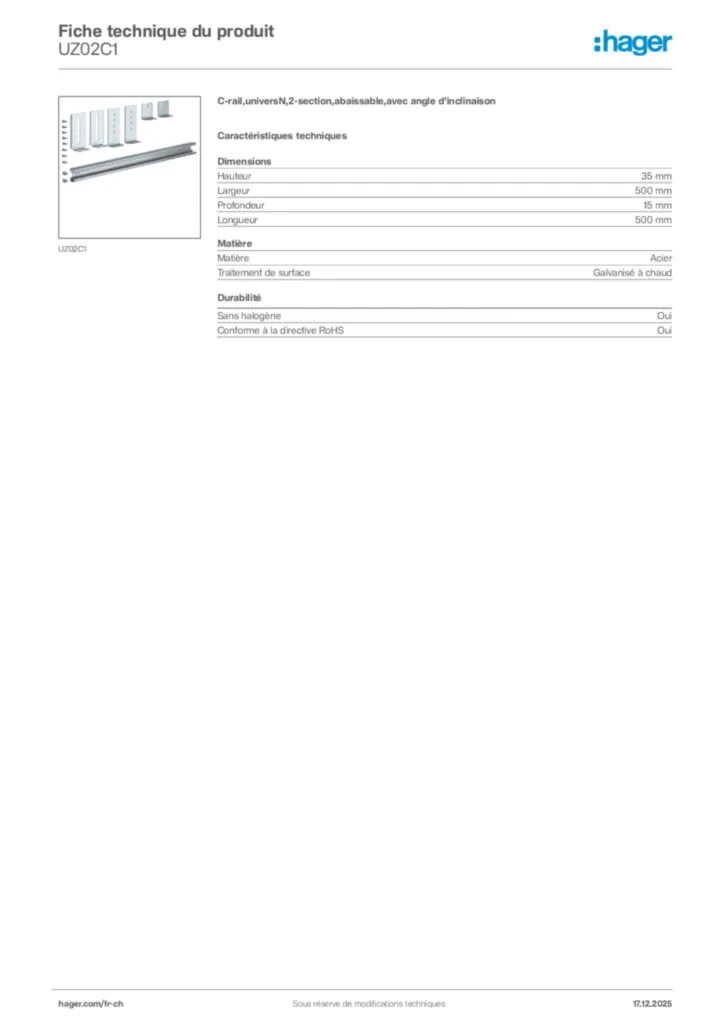 Image Hager Fiche technique du produit UZ02C1 | Hager Suisse