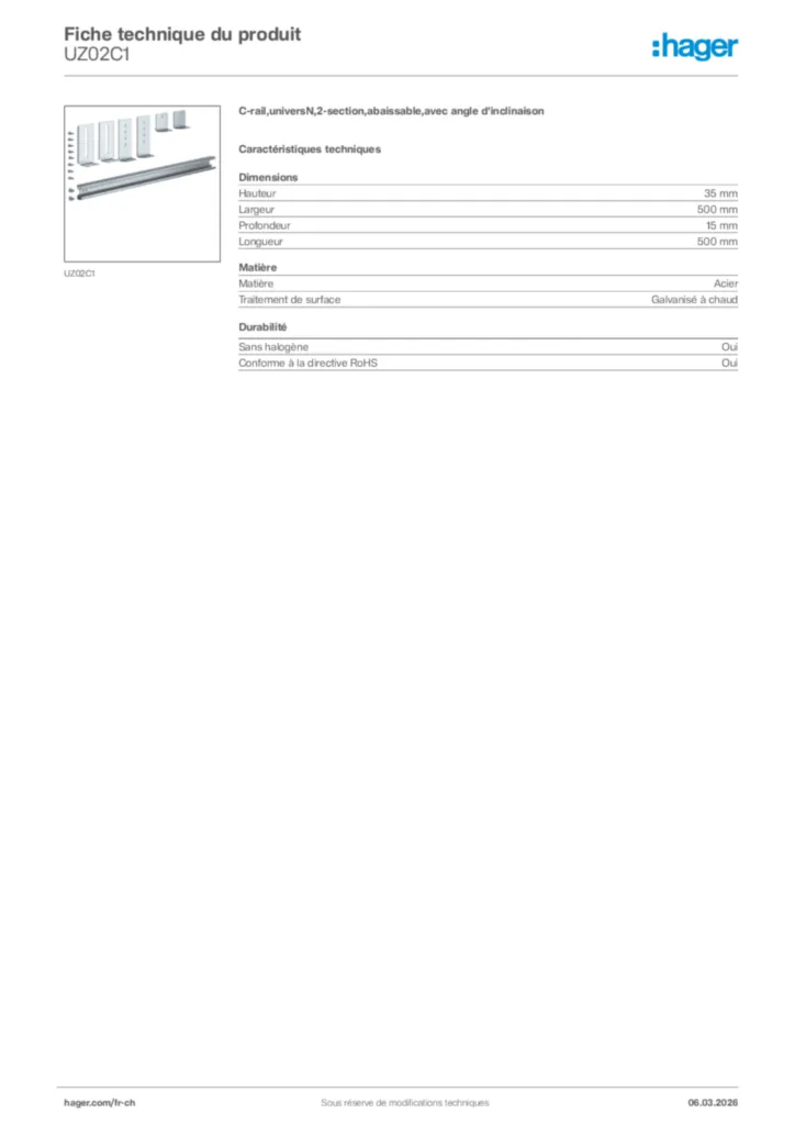 Image Hager Fiche technique du produit UZ02C1 | Hager Suisse