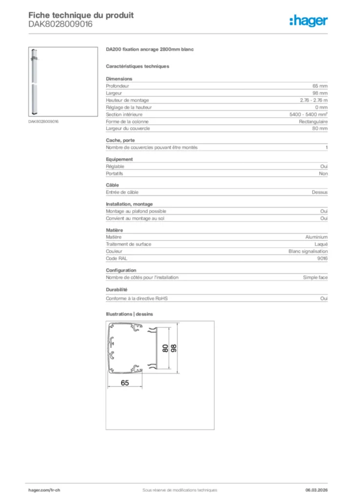 Image Hager Fiche technique du produit DAK8028009016 | Hager Suisse