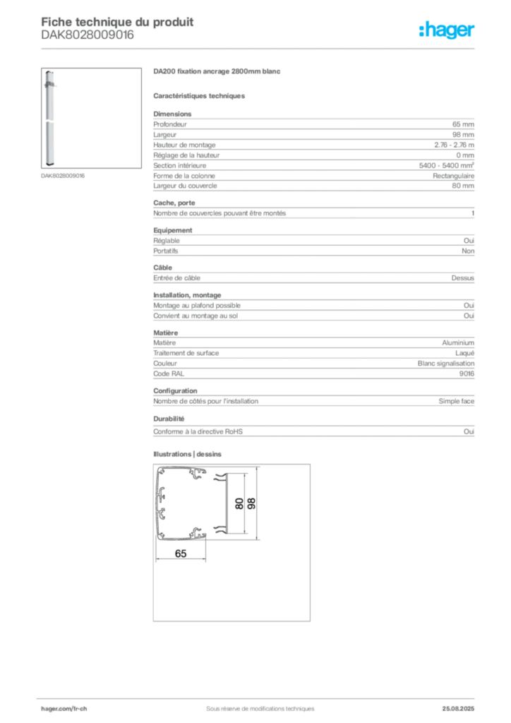 Image Hager Fiche technique du produit DAK8028009016 | Hager Suisse