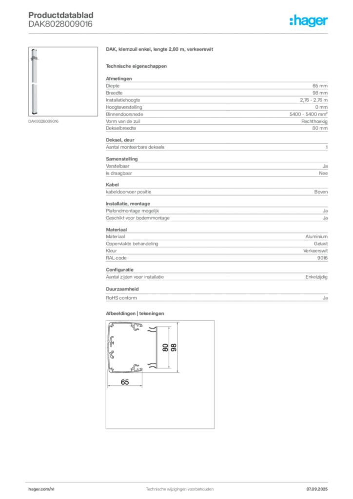 Afbeelding Hager Productdatablad DAK8028009016 | Hager Nederland
