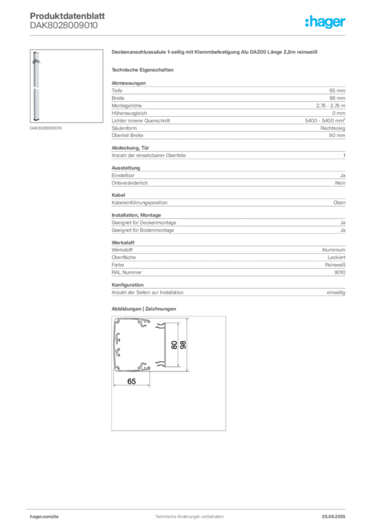 Bild Hager Produktdatenblatt DAK8028009010 | Hager Deutschland