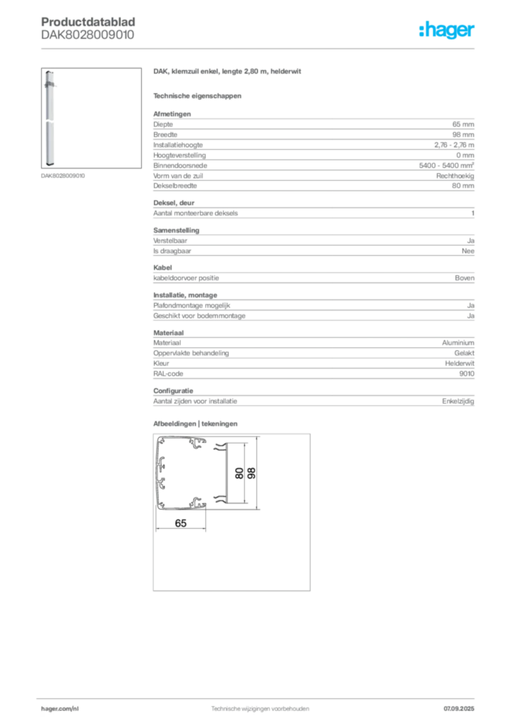 Afbeelding Hager Productdatablad DAK8028009010 | Hager Nederland