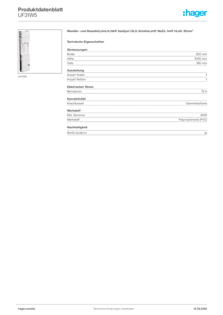 Bild Hager Produktdatenblatt UF31W5 | Hager Deutschland