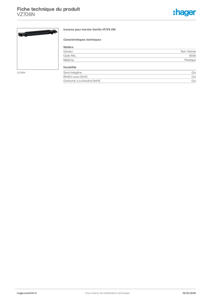 Image Hager Fiche technique du produit VZ706N | Hager Afrique