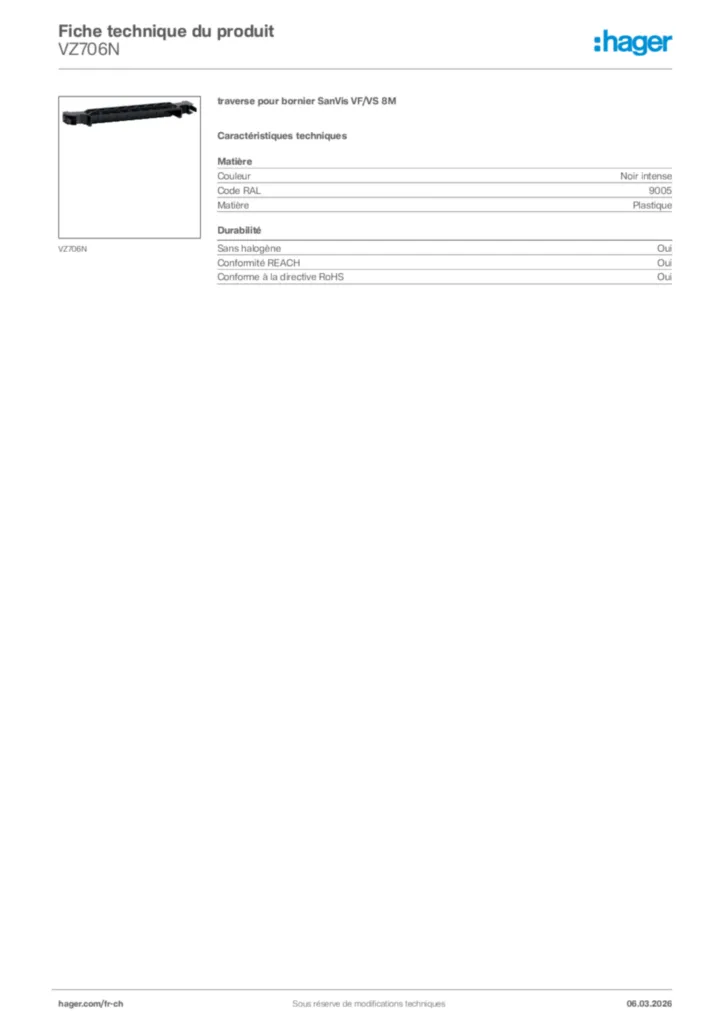 Image Hager Fiche technique du produit VZ706N | Hager Suisse