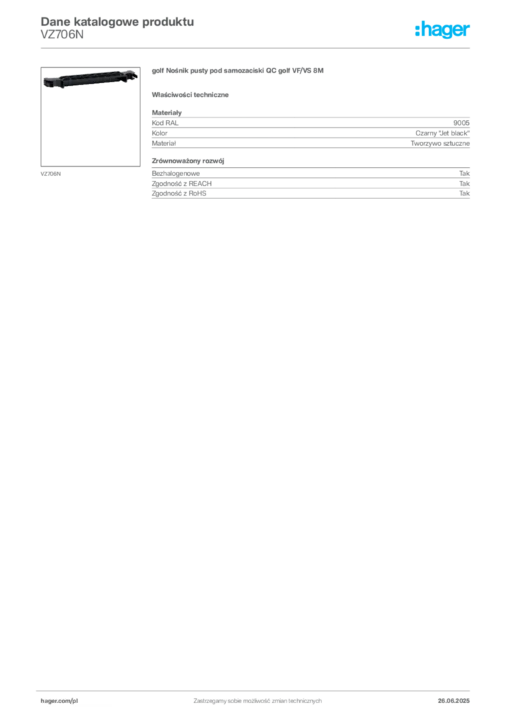 Zdjęcie Hager Karta katalogowa VZ706N | Hager Polska