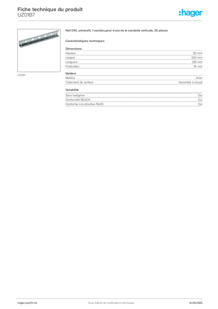 Image Hager Fiche technique du produit UZ01B7 | Hager Suisse