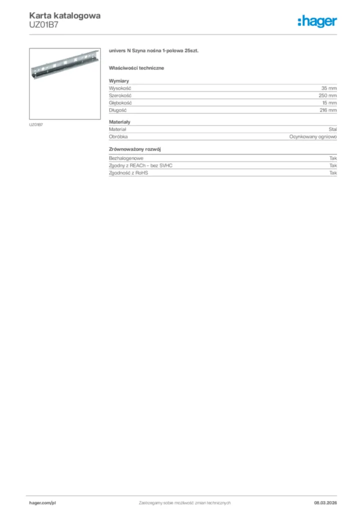Zdjęcie Hager Karta katalogowa UZ01B7 | Hager Polska