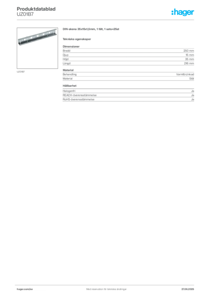 Bild Hager Produktdatablad UZ01B7 | Hager Sverige