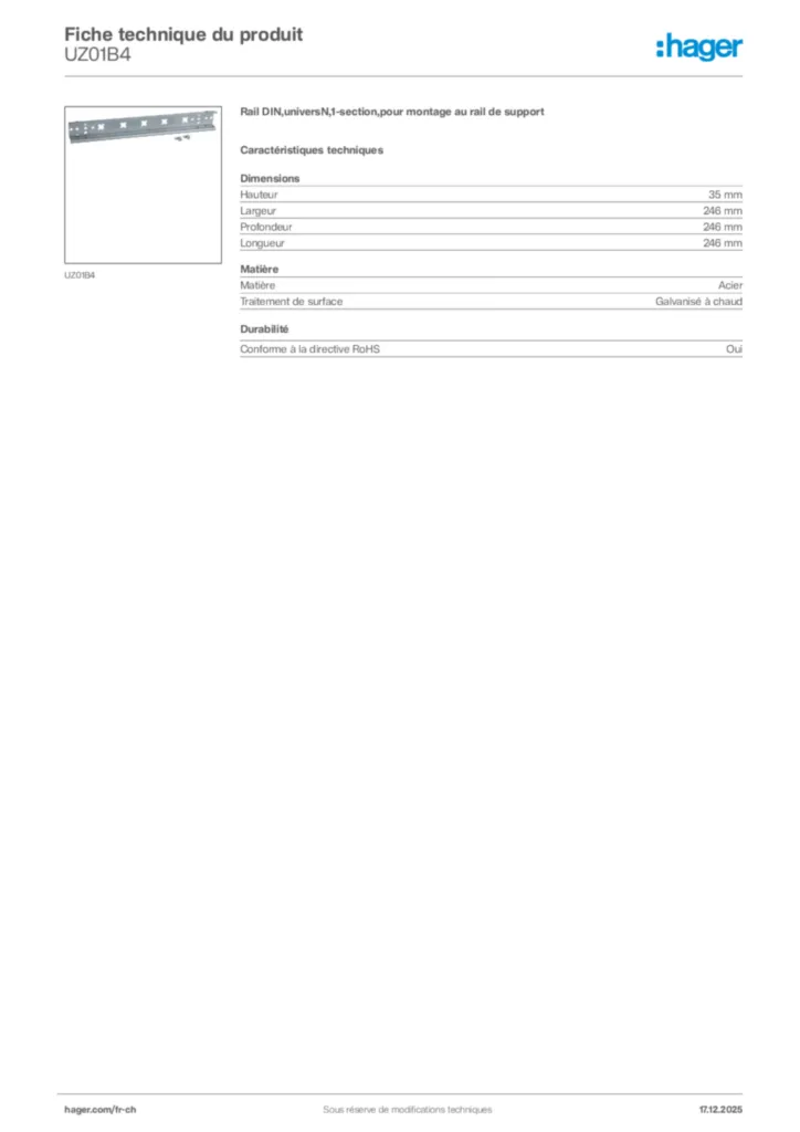 Image Hager Fiche technique du produit UZ01B4 | Hager Suisse