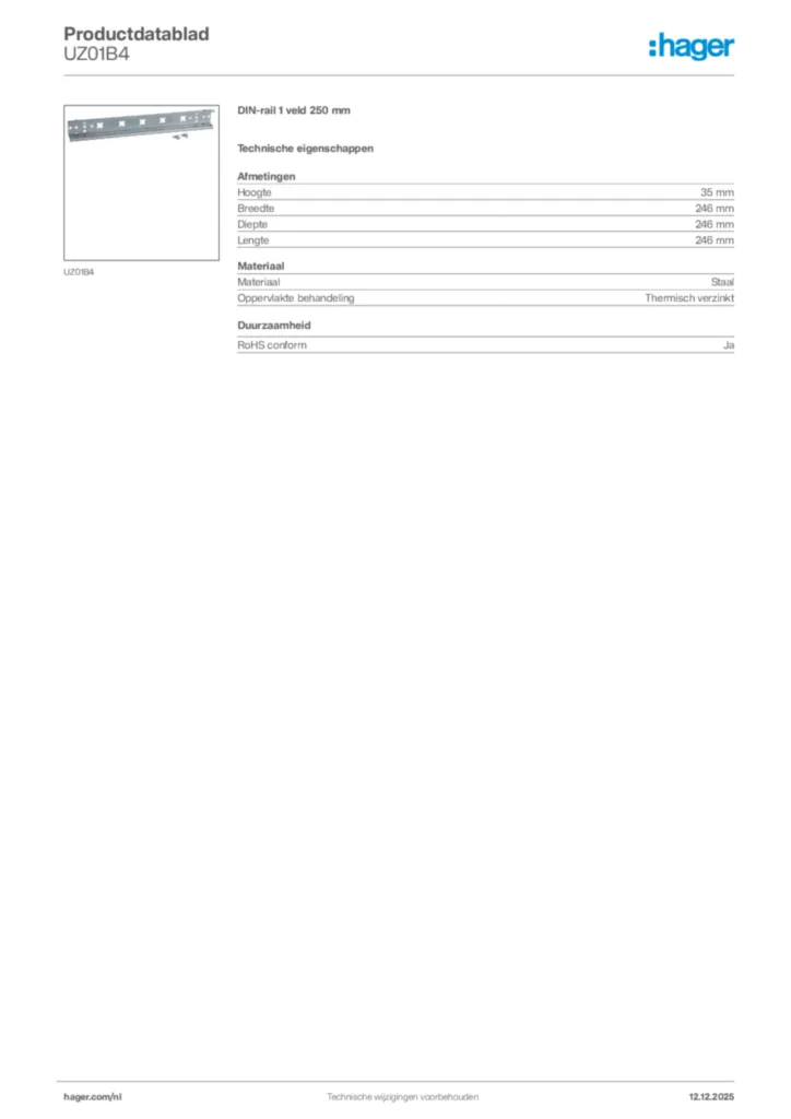 Afbeelding Hager Productdatablad UZ01B4 | Hager Nederland