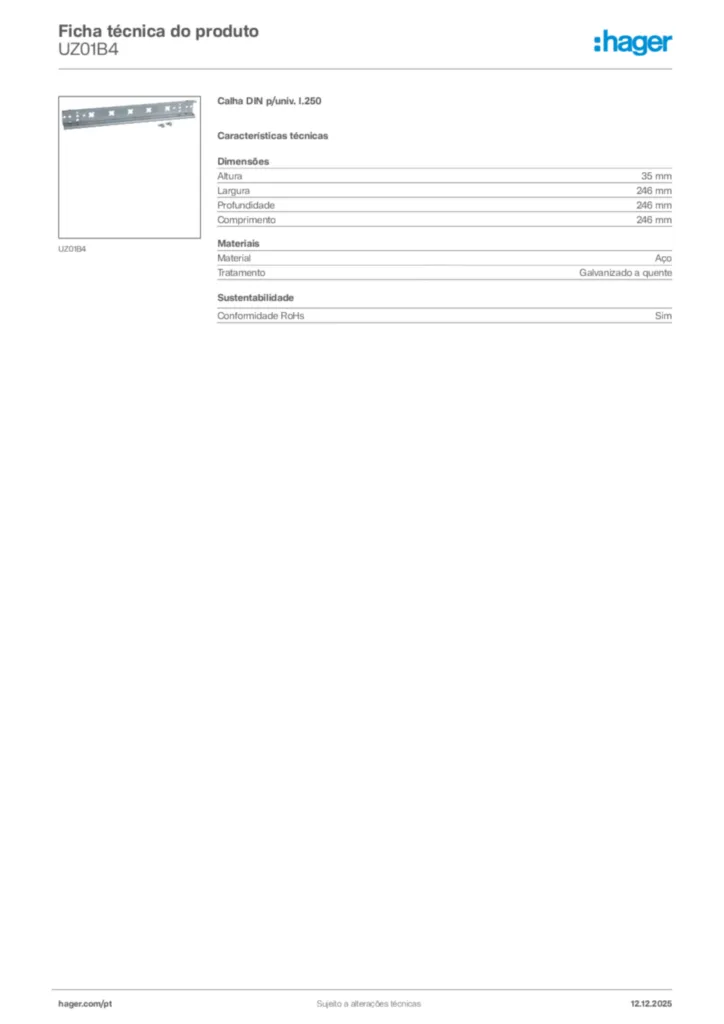 Imagem Hager Ficha técnica do produto UZ01B4 | Hager Portugal