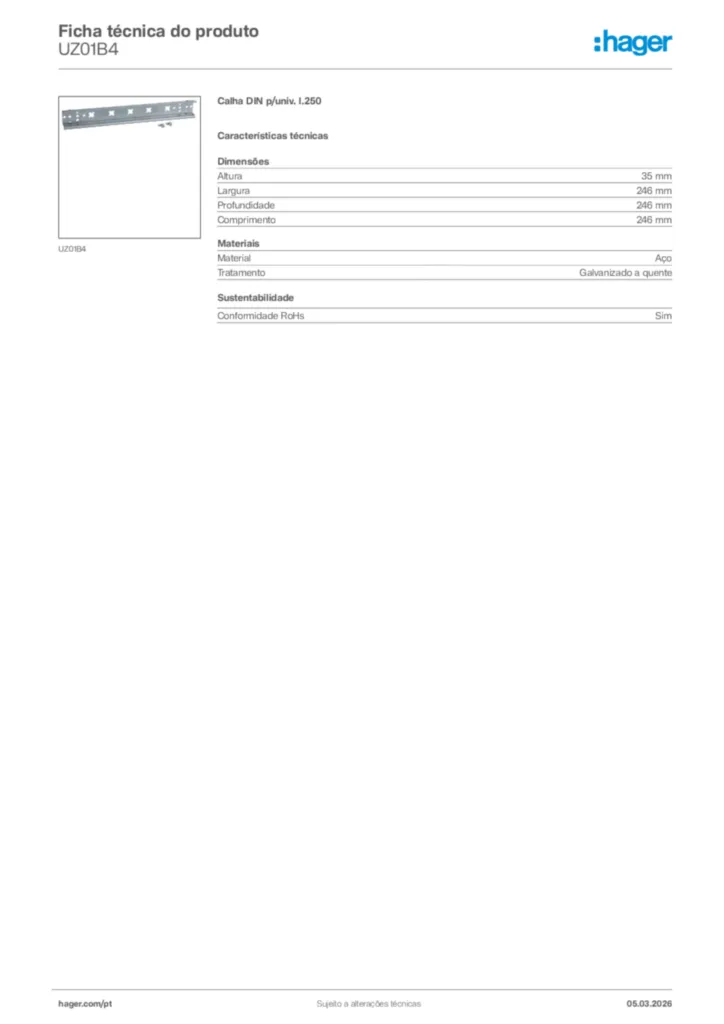 Imagem Hager Ficha técnica do produto UZ01B4 | Hager Portugal