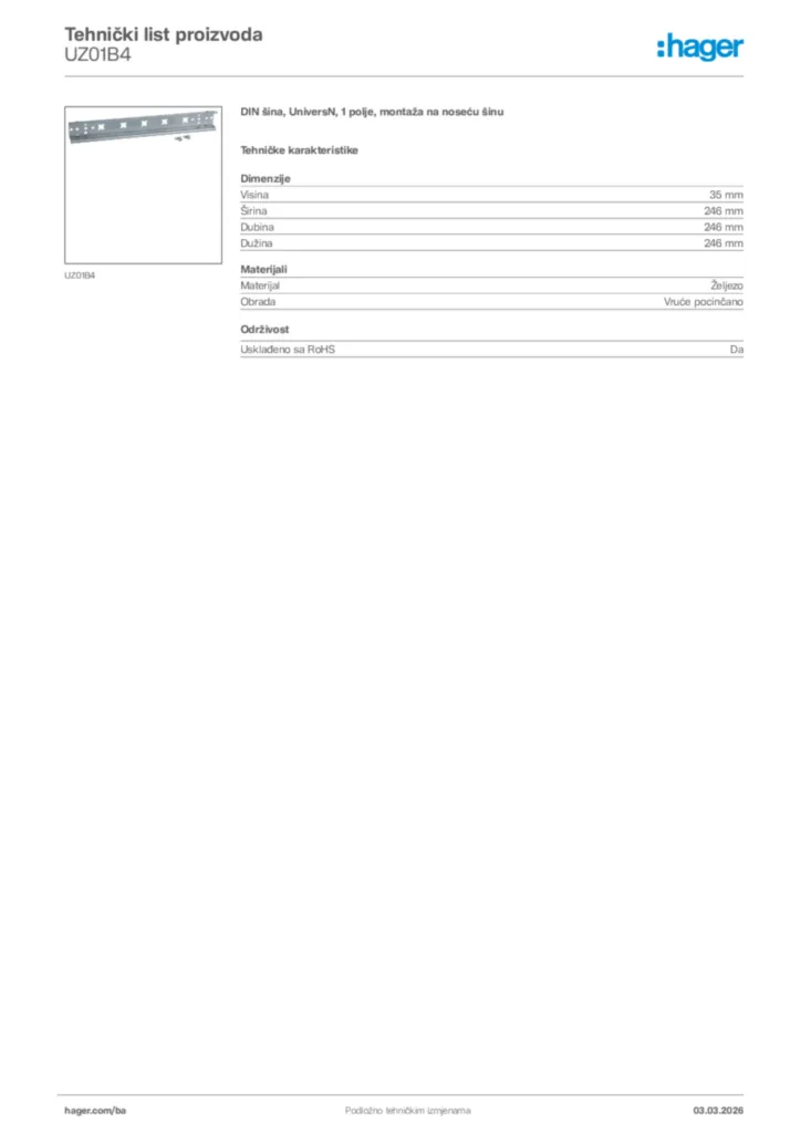 Slika Hager Tehnički list proizvoda UZ01B4  | Hager