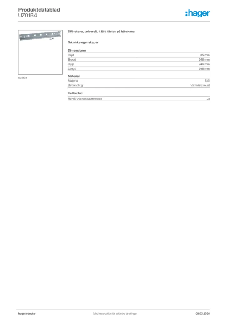 Bild Hager Produktdatablad UZ01B4 | Hager Sverige
