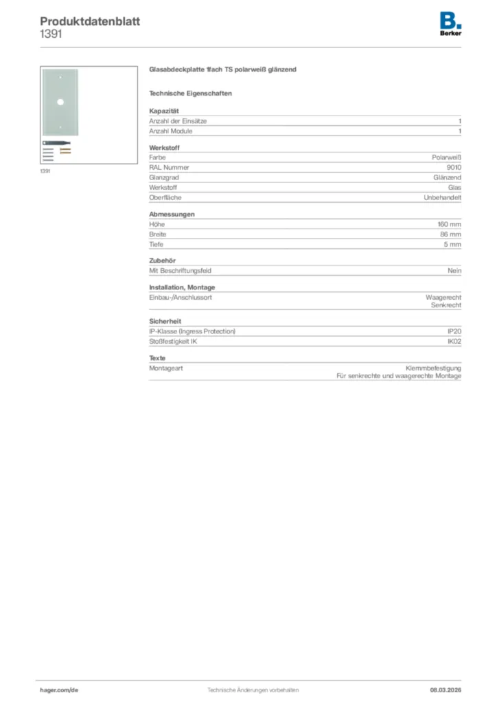 Bild Berker Produktdatenblatt 1391 | Hager Deutschland