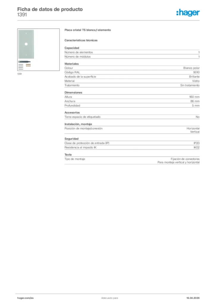 Imagen Hager Ficha de datos de producto 1391 | Hager España