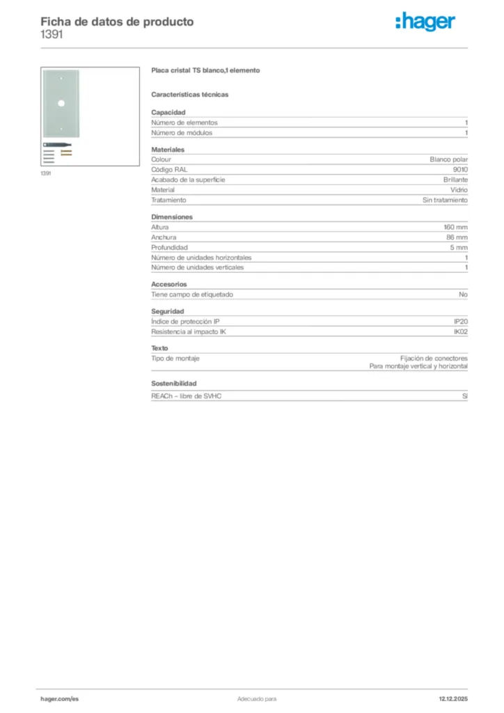 Imagen Hager Ficha de datos de producto 1391 | Hager España