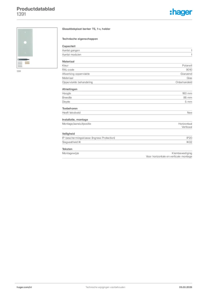 Afbeelding Hager Productdatablad 1391 | Hager Nederland