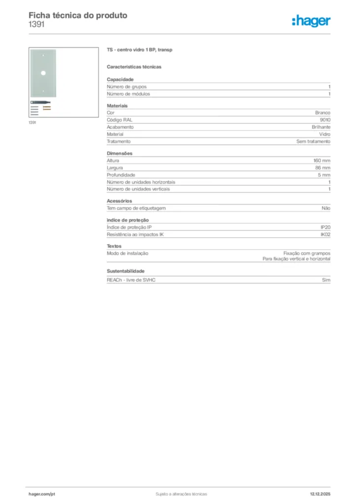 Imagem Hager Ficha técnica do produto 1391 | Hager Portugal