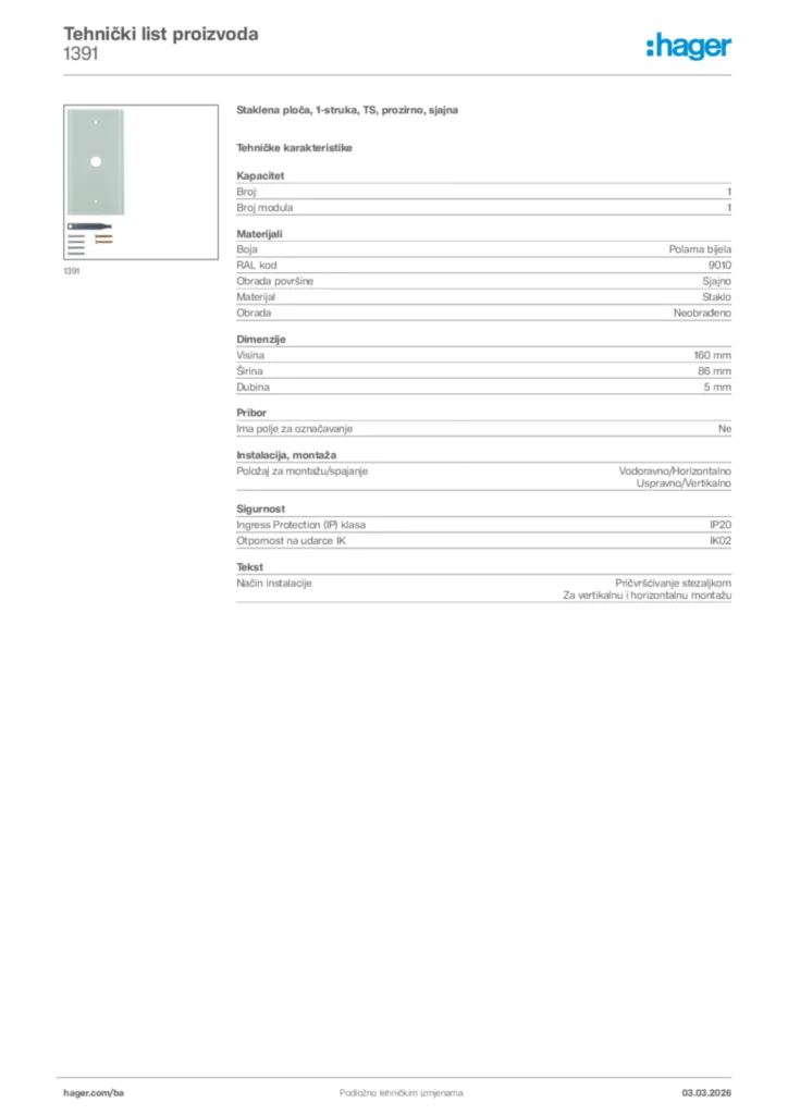 Slika Hager Tehnički list proizvoda 1391  | Hager