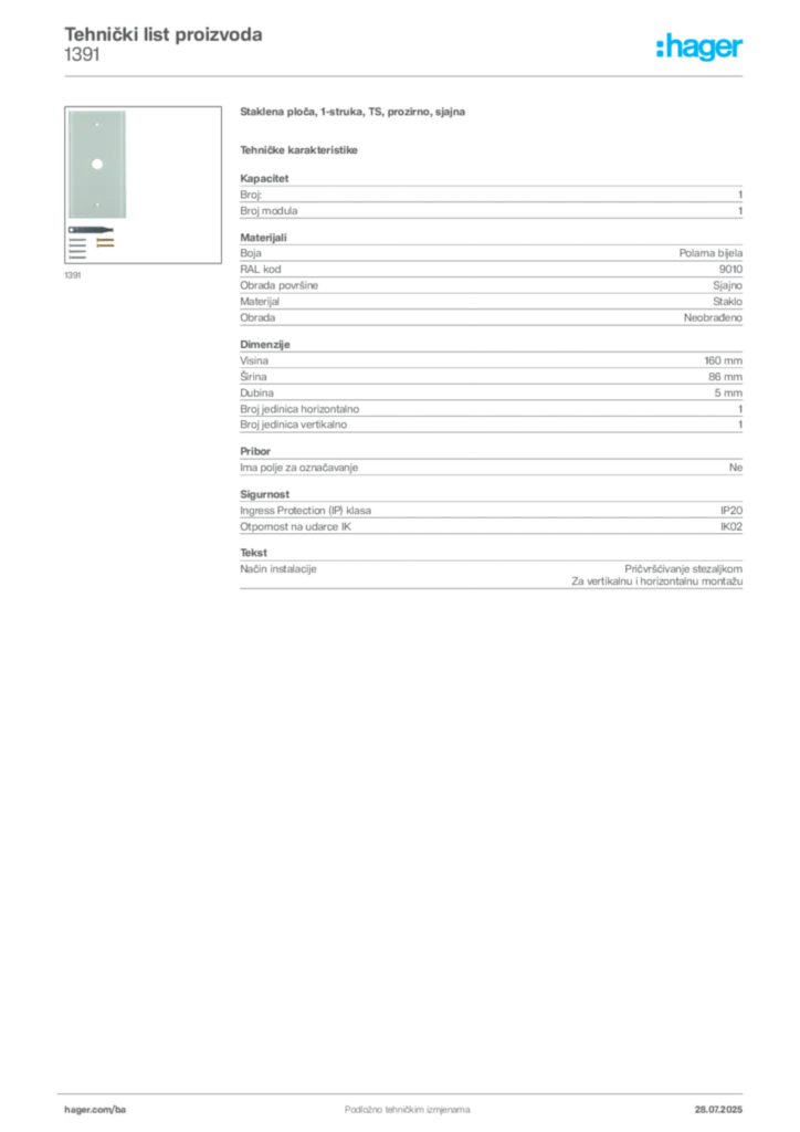 Slika Hager Product data sheet 1391  | Hager