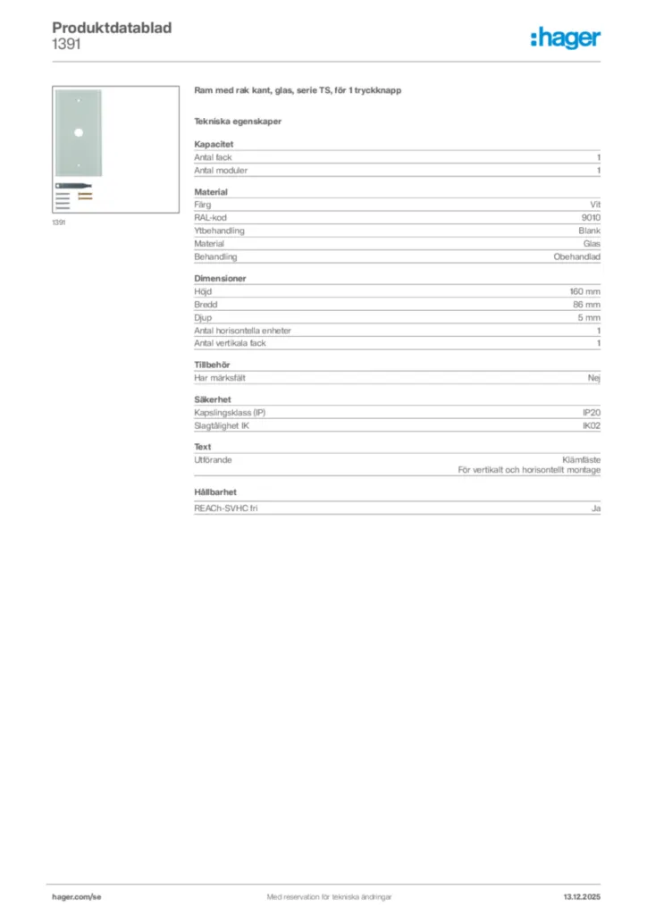 Bild Hager Produktdatablad 1391 | Hager Sverige