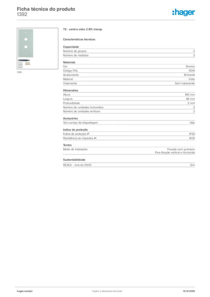 Imagem Hager Ficha técnica do produto 1392 | Hager Portugal