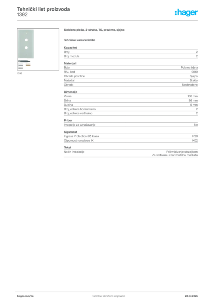 Slika Hager Product data sheet 1392  | Hager