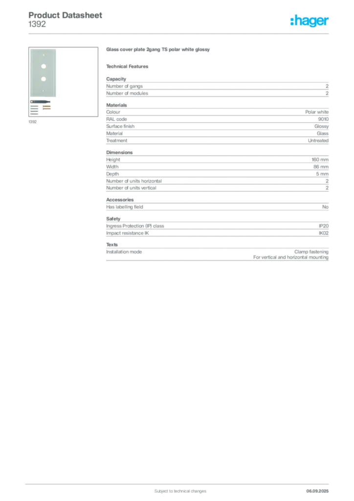 Image Hager Product data sheet 1392  | Hager