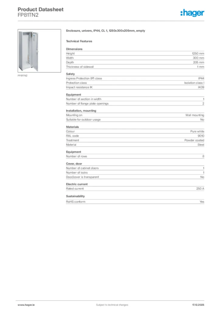 Image Hager Product data sheet FP81TN2  | Hager
