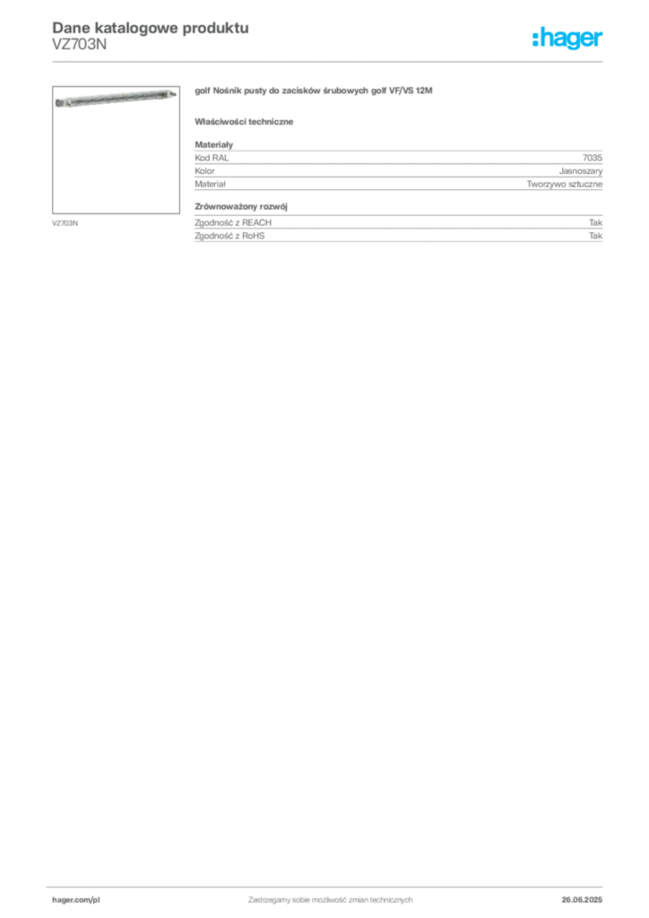 Zdjęcie Hager Karta katalogowa VZ703N | Hager Polska