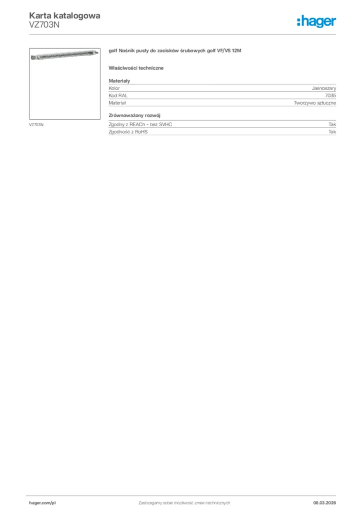 Zdjęcie Hager Karta katalogowa VZ703N | Hager Polska