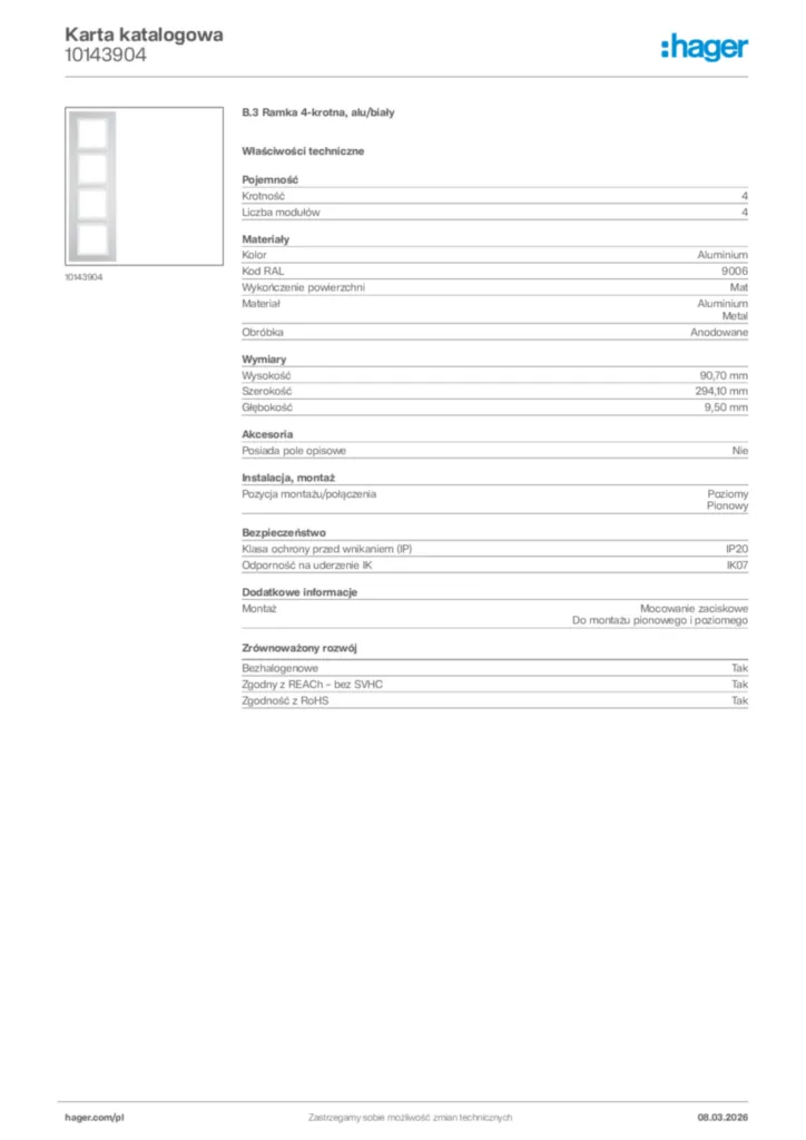 Zdjęcie Hager Karta katalogowa 10143904 | Hager Polska
